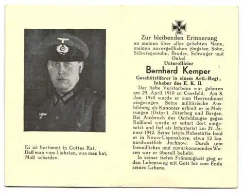 Sterbebild Bernhard Kemper (1910-1942), Geschützführer Art.-Rgt., Inh. E.K. II, gefallen am 27. Januar 1942 in Russland