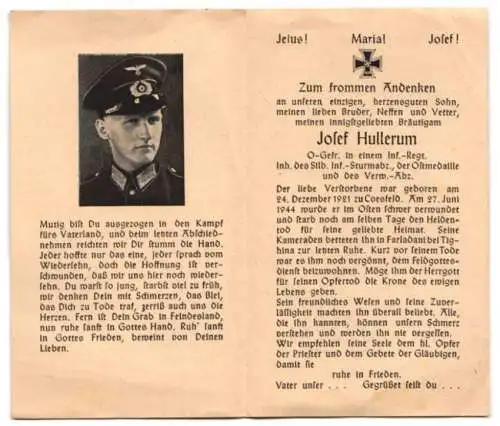 Sterbebild Josef Hullerum (1921-1944), OGefr. Inf.-Rgt., Inh. Silb. Inf.-Strumabz., Ostmedaille & VWA, gefallen 27.06.44