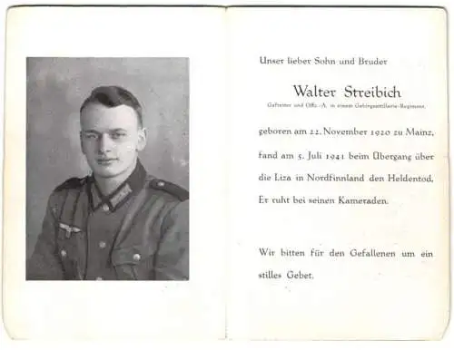 Sterbebild Walter Streibich (1920-1941), Gefreiter Gebrigsjäger-Rgt., gefallen am 5. Juli 1944 beim Übergang der Liza