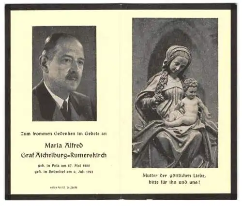 Sterbebild Maria Alfred Graf Aichelburg-Rumerskirch, geboren 27. Mai 1885 in Pola, gestorben 6. Juli 1961 in Bodenhof