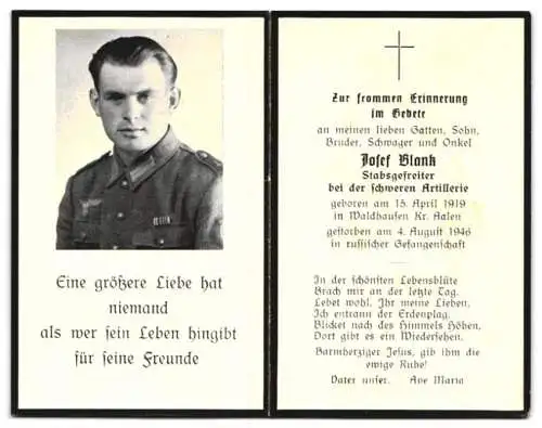 Sterbebild Josef Blank (1919-1946), Stabsgefreiter bei schwerer Artillerie, gefallen 04. 08.1946 in russ. Gefangenschaft