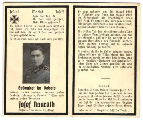 Sterbebild Josef Nauroth (1919-1939), Gefreiter eines Inf.-Rgt., gefallen im August 1939 bei schweren Kämpfen um Moskau