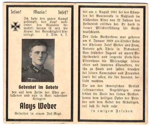 Sterbebild Aloys Weber (1919-1941), Gefreiter eines Inf.-Rgt., gefallen am 04. August 1941 in den Kämpfen bei Boneveroka