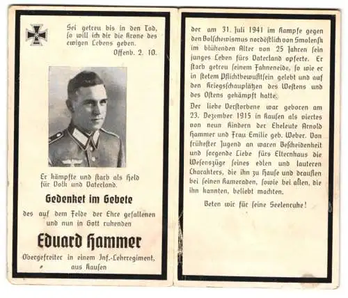 Sterbebild Eduard Hammer (1915-1941), Obergefreiter im Inf.-Lehrrgt., gefallen am 31. Juli 1944 bei Smolensk