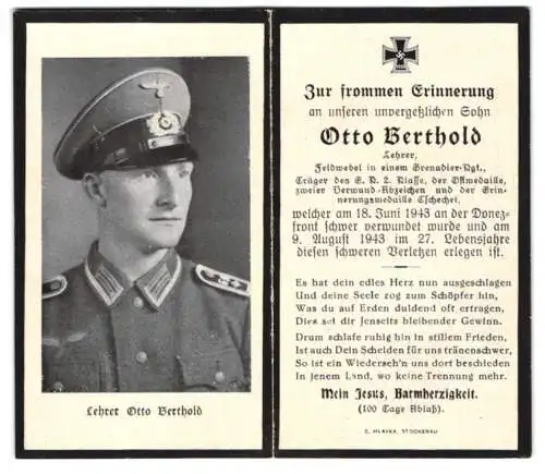 Sterbebild Otto Berthold, Feldwebel Grenadier-Rgt., Inh: E.K. 2, Ostmedaille, Erinnersmed. Tchechei, gefallen 09.08.1943