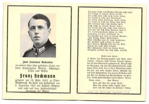 Sterbebild Franz Heckmann (1912-1942), gefallen am 9. Dezember 1942 bei Rschew, begraben auf Heldenfriedhof Jarowaja