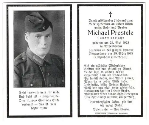 Sterbebild Michael Prestele (1923-1945), Landwirtssohn, gestorben an Folgen schwerer Verwundung am 23.03.1945 Atzenheim