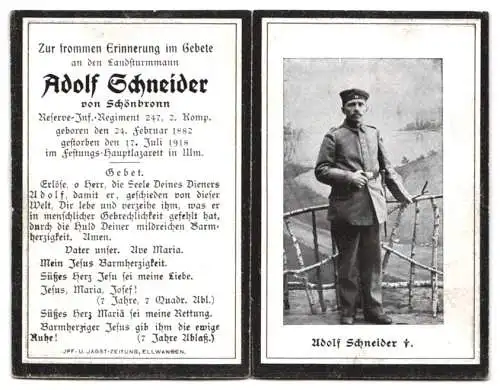 Sterbebild Adolf Schneider von Schönbronn (1882-1918), Res.-Inf.-Rgt. 247 2. Komp, am 17.07.1918 im Festungslazarett Ulm