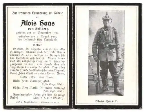 Sterbebild Alois Haas von Heilberg (1896-1916), Inf. Rgt. 122, starb den Heldentod am 07. August 1916