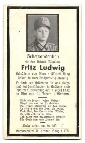 Sterbebild Fritz Ludwig, Soldat in Nachrichten-Abteilung, gefallen am 14. April 1942 nach schwerer Verwundung in Russland