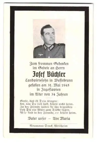 Sterbebild Josef Büchler, im Krieg gefallen am 31. Mai 1945 in Jugislawien