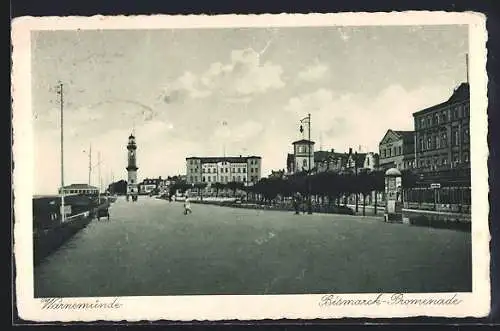 AK Warnemünde, Bismarck-Promenade mit Litfasssäule