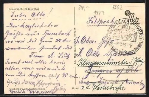 AK Gernsbach im Murgtal, Murgpartie mit Kriegerehrenmal