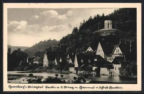 AK Gernsbach i. Murgtal, Partie a. d. Murg mit Ehrenmal und Schloss Eberstein