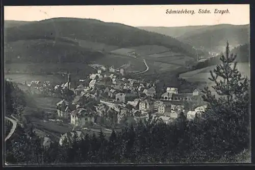 AK Schmiedeberg /Sächs. Erzgeb., Teilansicht mit Kirche