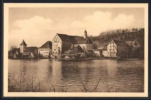 AK Beuggen am Rhein, Blick vom Ufer zur Kirche