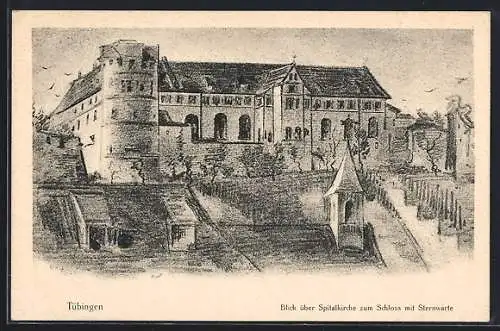 Künstler-AK Tübingen, Blick über Spitalkirche zum Schloss mit Sternwarte