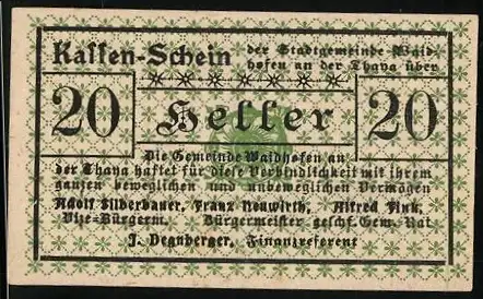 Notgeld Waidhofen a. d. Thaya 1920, 20 Heller, Kassen-Schein mit grünem Muster und Stempel