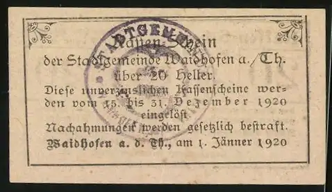 Notgeld Waidhofen a. d. Thaya 1920, 20 Heller, Kassen-Schein mit grünem Muster und Stempel