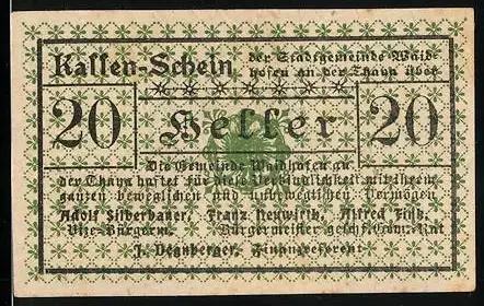 Notgeld Waidhofen a. Thaya 1920, 20 Heller, florales Muster und Text, Stempelaufdruck