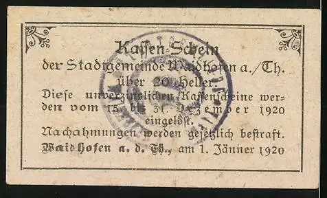 Notgeld Waidhofen a. Thaya 1920, 20 Heller, florales Muster und Text, Stempelaufdruck