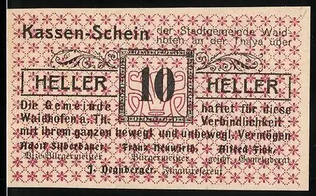 Notgeld Waidhofen a. d. Thaya 1920, 10 Heller, florales Muster und Textdesign