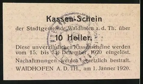 Notgeld Waidhofen a. d. Thaya 1920, 10 Heller, florales Muster und Textdesign