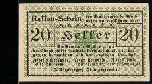 Notgeld Waidhofen a. Thaya 1920, 20 Heller, dekorativer Text mit floralen Mustern