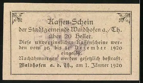 Notgeld Waidhofen a. Thaya 1920, 20 Heller, dekorativer Text mit floralen Mustern