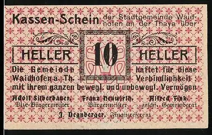 Notgeld Waidhofen a. d. Thaya 1920, 10 Heller, florales Muster, Gemeindegarantie, Stempelaufdruck