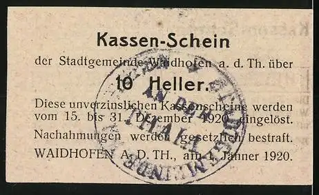 Notgeld Waidhofen a. d. Thaya 1920, 10 Heller, florales Muster, Gemeindegarantie, Stempelaufdruck