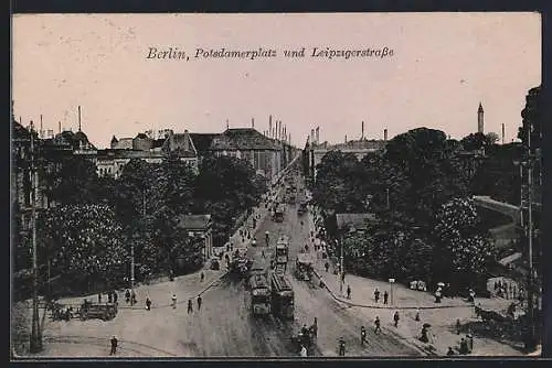 AK Berlin, Potsdamerplatz und Leipzigerstrasse mit Strassenbahn