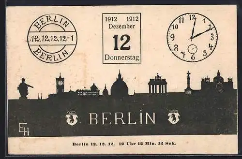 Künstler-AK Berlin, Stadtsilhouette, Kalenderblatt 11. Dezember 1913, Uhr, 11.12.13