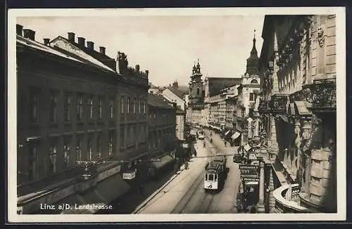 AK Linz, Landstrasse mit Strassenbahn