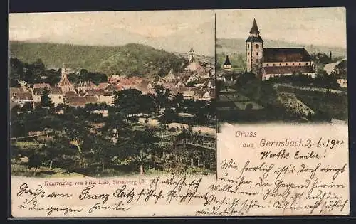 AK Gernsbach, Ortsansicht aus der Vogelschau, Blick zur Kirche