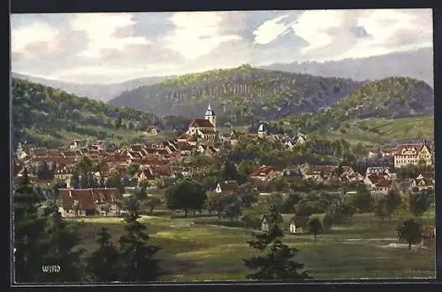 AK Gernsbach, Blick zur Kirche mit Bergpanorama