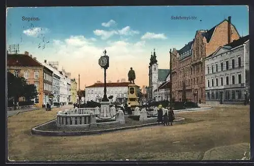 AK Sopron-Ödenburg, Széchenyi-tér mit Uhr und Denkmal