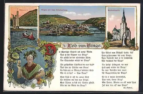 AK Bingen am Rhein, Mäuseturm, Rochuskapelle und Gedicht