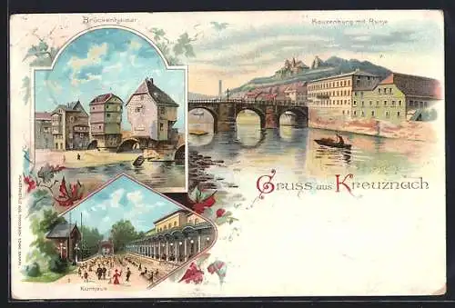 Lithographie Kreuznach, Kurhaus, Kapuzenburg mit Ruine, Brückenhäuser