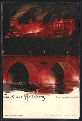 Lithographie Heidelberg, Schlossbeleuchtung mit Lampion-Bootsfahrt