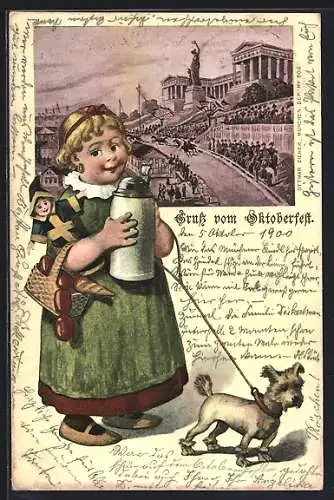 Künstler-AK München, Oktoberfest, Ortspartie mit Bavaria, Kind mit Kindl-Puppe, Masskrug und Terrier