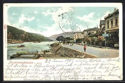 AK Assmannshausen a. Rhein, Promenade mit Gasthof zur Krone