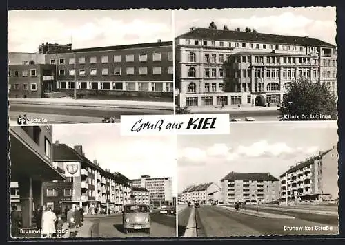 AK Kiel, Brunswiker Strasse mit Geschäft, Klinik Dr. Lubinus, Fotoschule