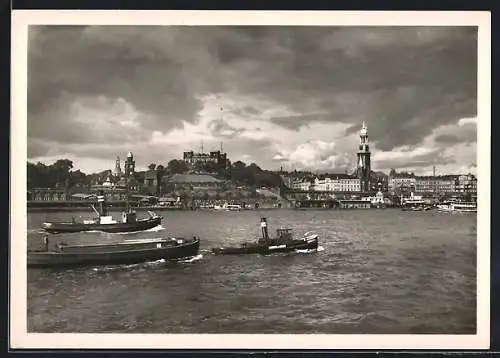 AK Hamburg, Blick auf die Landungsbrücke, Seewarte und Michaelis-Kirche