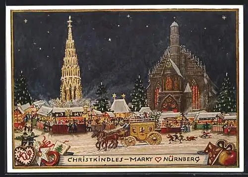 Künstler-AK Nürnberg, Christkindles-Markt bei Nacht, Weihnachtsgruss