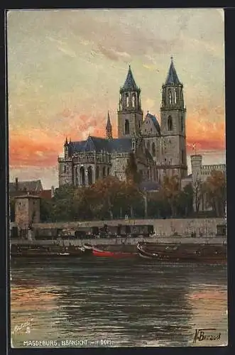 Künstler-AK Magdeburg, Elbansicht mit Dom und Güterzug