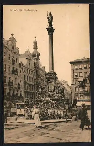 AK München, Strassenbahn an der Mariensäule