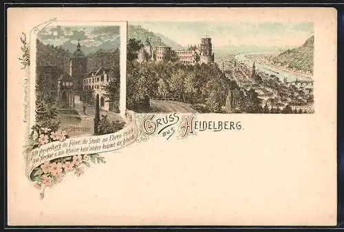 Lithographie Heidelberg, Ortsansicht, Der Schlosshof