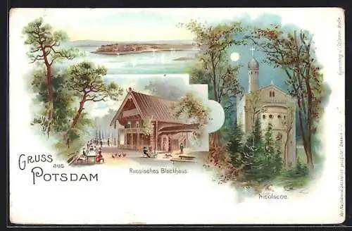 Lithographie Berlin-Wannsee, Russisches Blockhaus, Nicolscoe bei Nacht