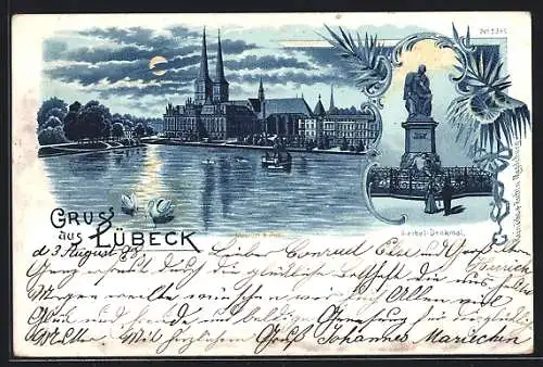 Lithographie Lübeck, Teilansicht und Geibel-Denkmal